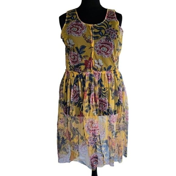 Cato Plus Floral Mesh Duster Sheer Coastal Cover Up Yellow Blue Top Jacket 18 20 - Picture 2 of 10